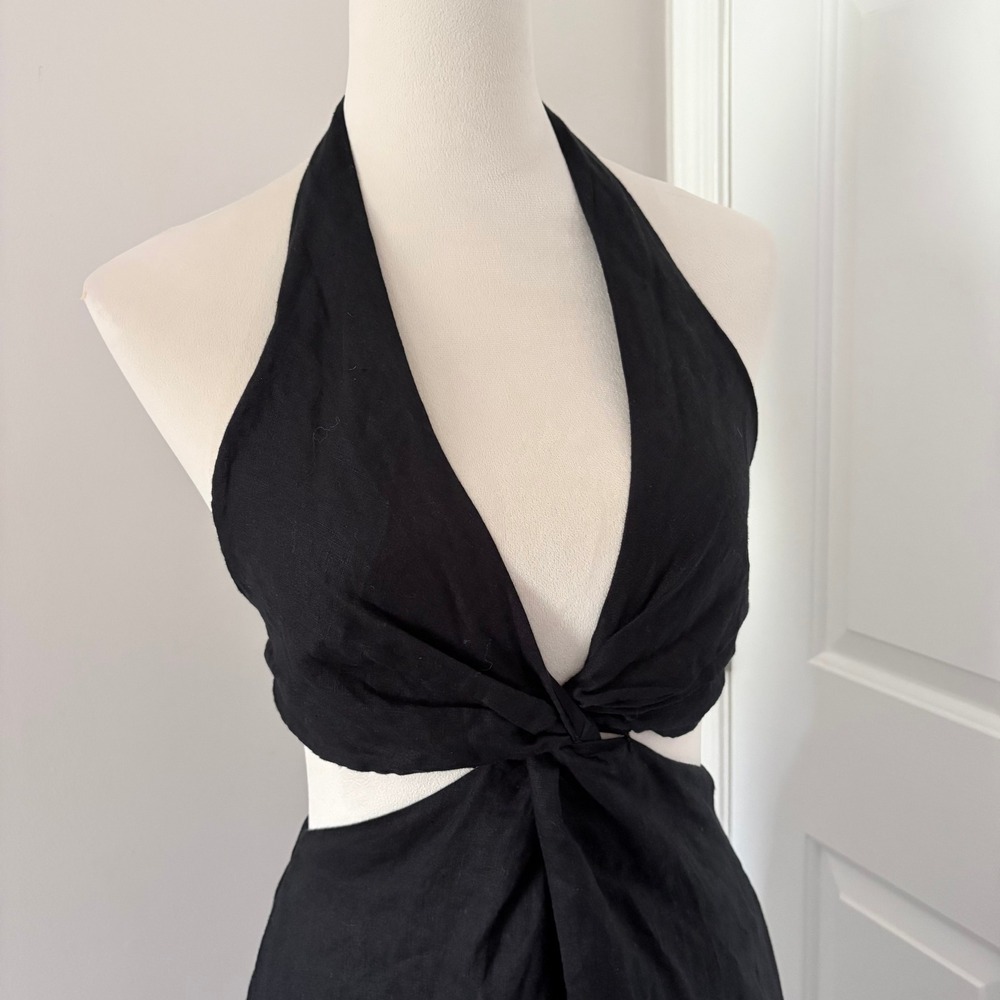Banana Republic Lisa Midi Dress 100% Linen Small Black Halter Cutout Twist Front - Picture 6 of 15